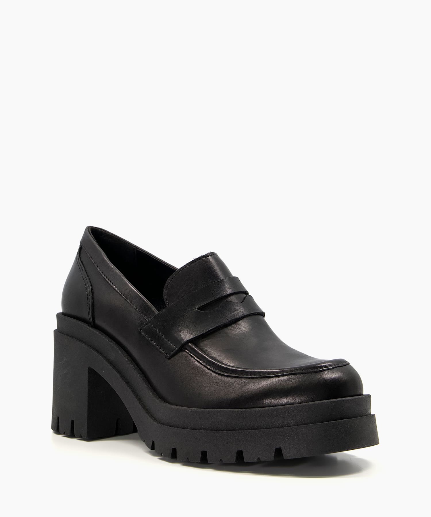 Grounded Black Leather Block Heel Loafers Dune London