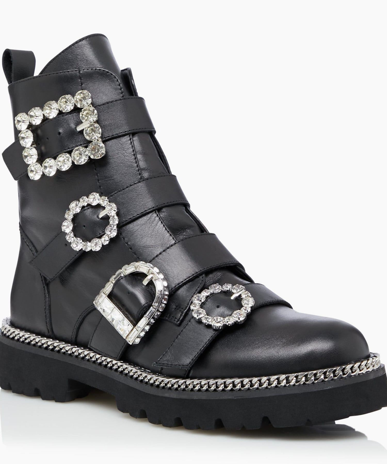 Pagola Black, Embellished Buckle Biker Boots