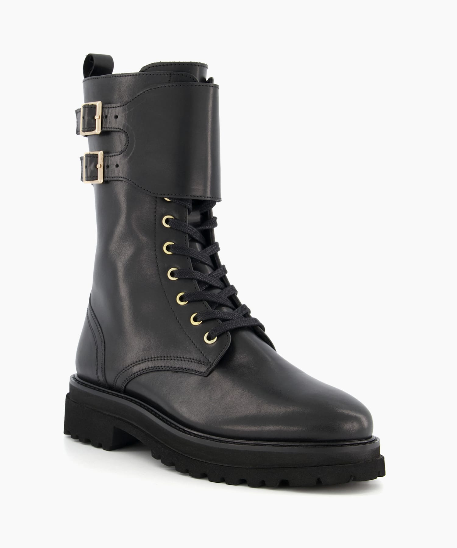 Dune risky black leather buckle ankle boot 2025