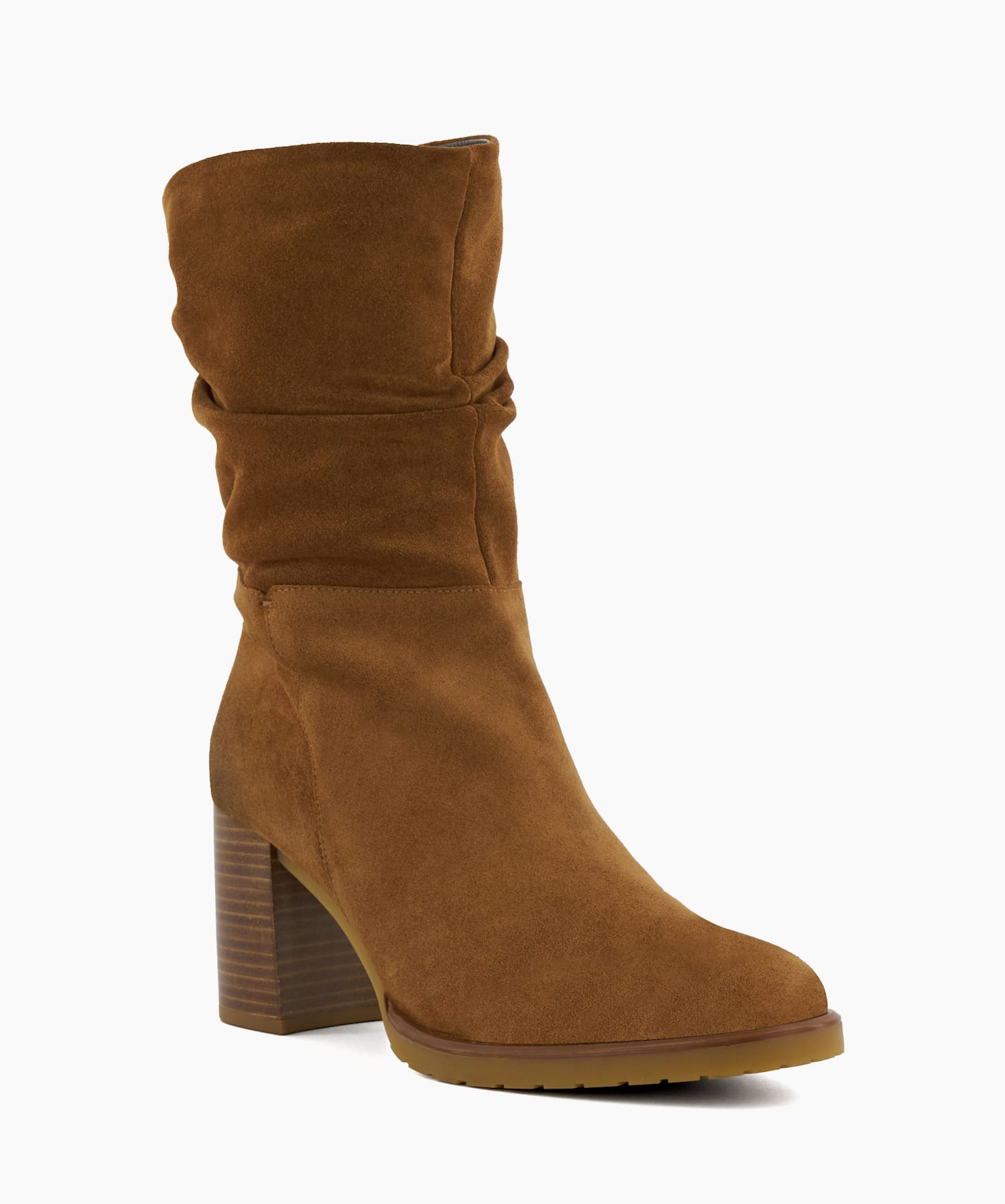 Prominent Tan, Ruched Suede Block-Heeled Ankle Boots