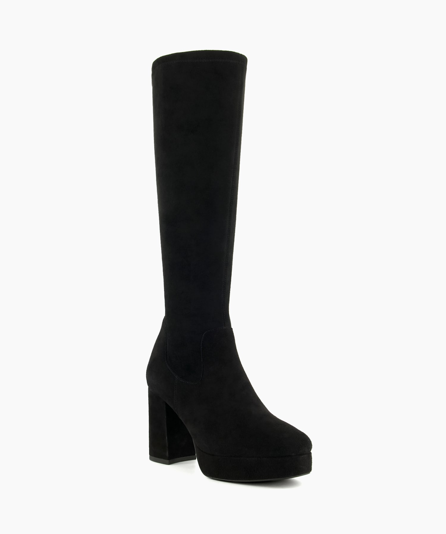 Sassy Black Platform Knee High Stretch Boots Dune London