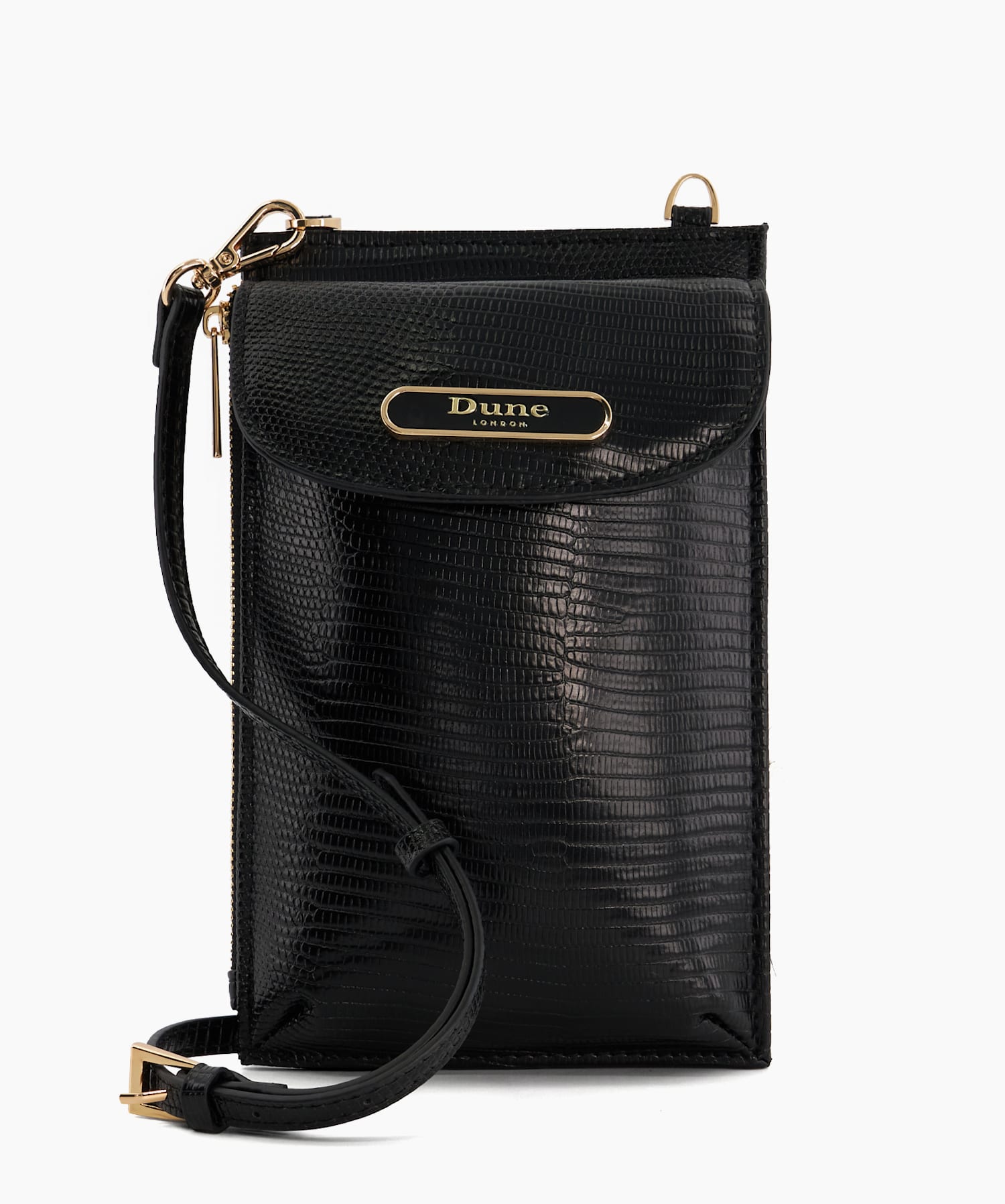 Shellies Black, Multifunctional Reptile-Effect Phone Case | Dune London