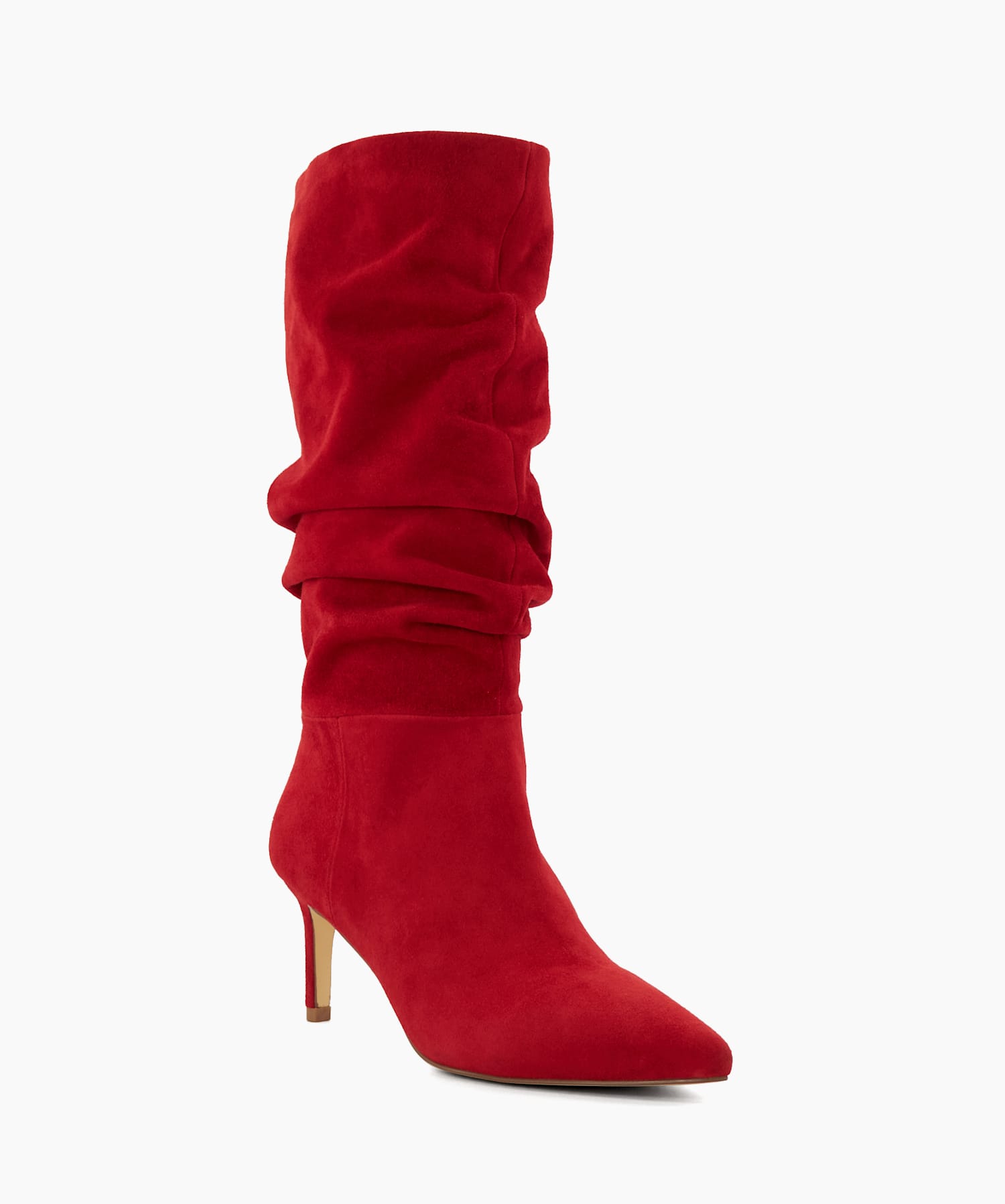 Slouch Red Ruched Suede Stiletto Calf Length Boots Dune London