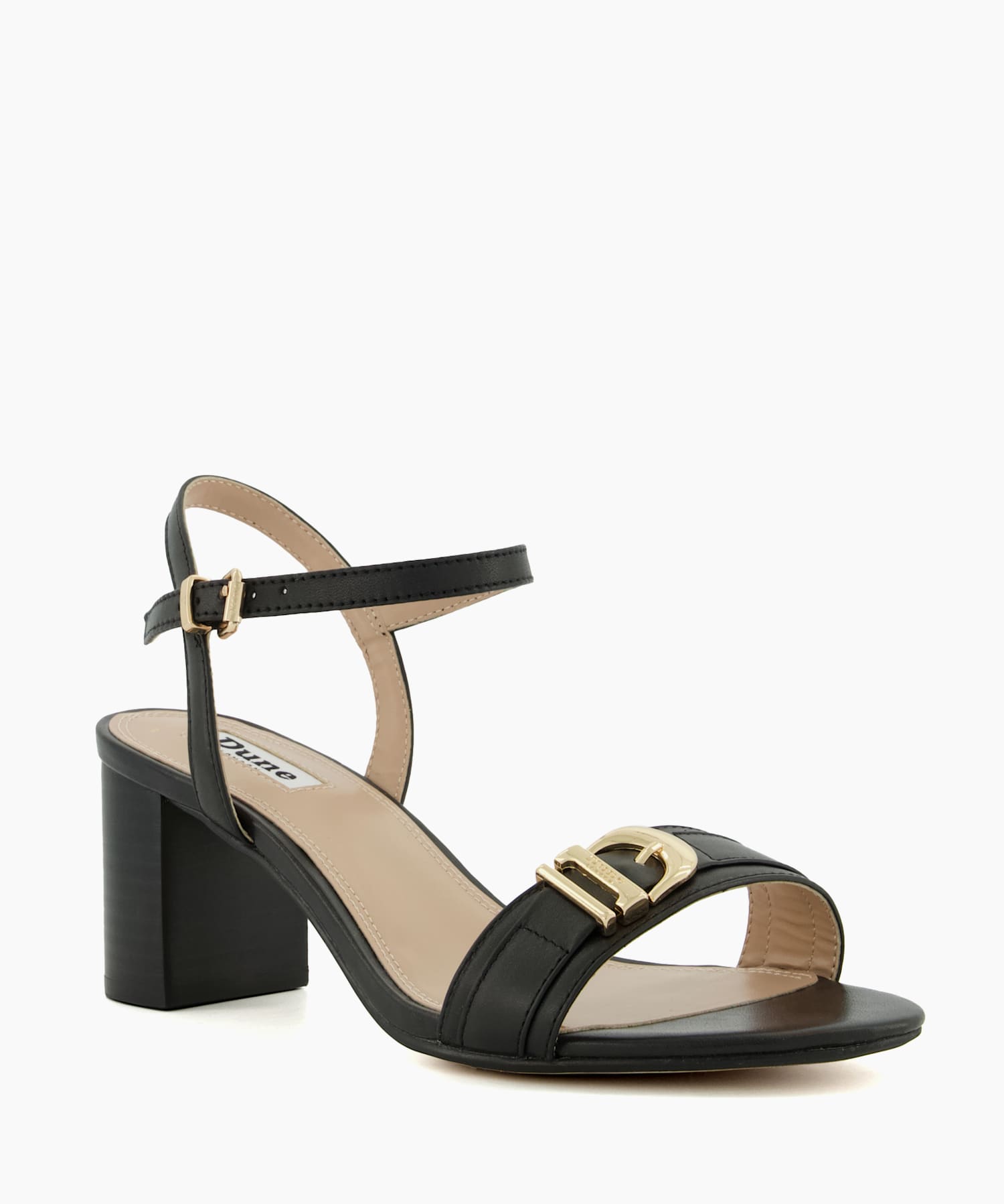 Jessie Black Wide Fit Branded Buckle Heeled Sandals Dune London