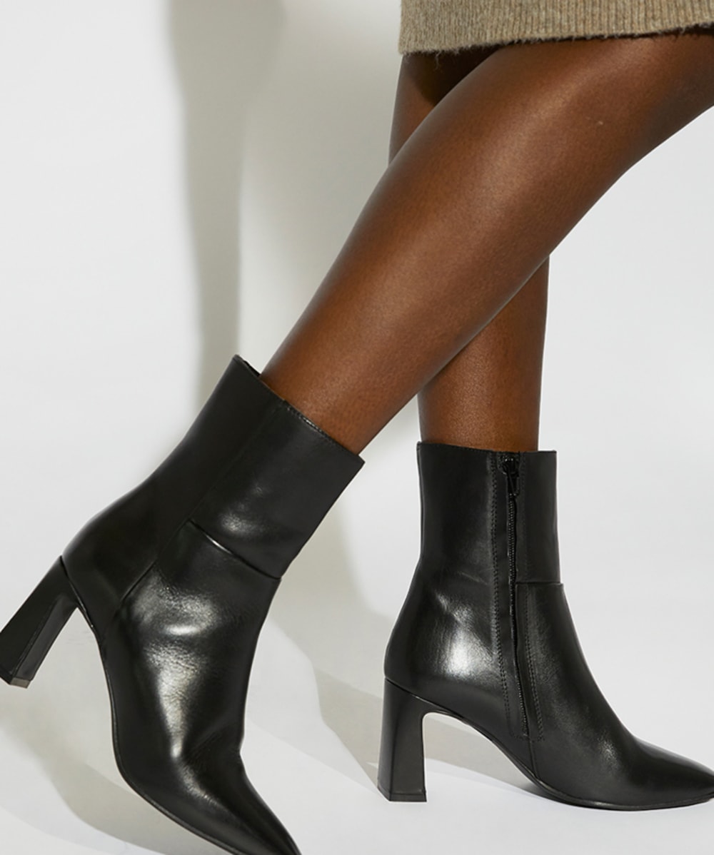 Orlie Black Flare Heel Leather Ankle Boots Dune London