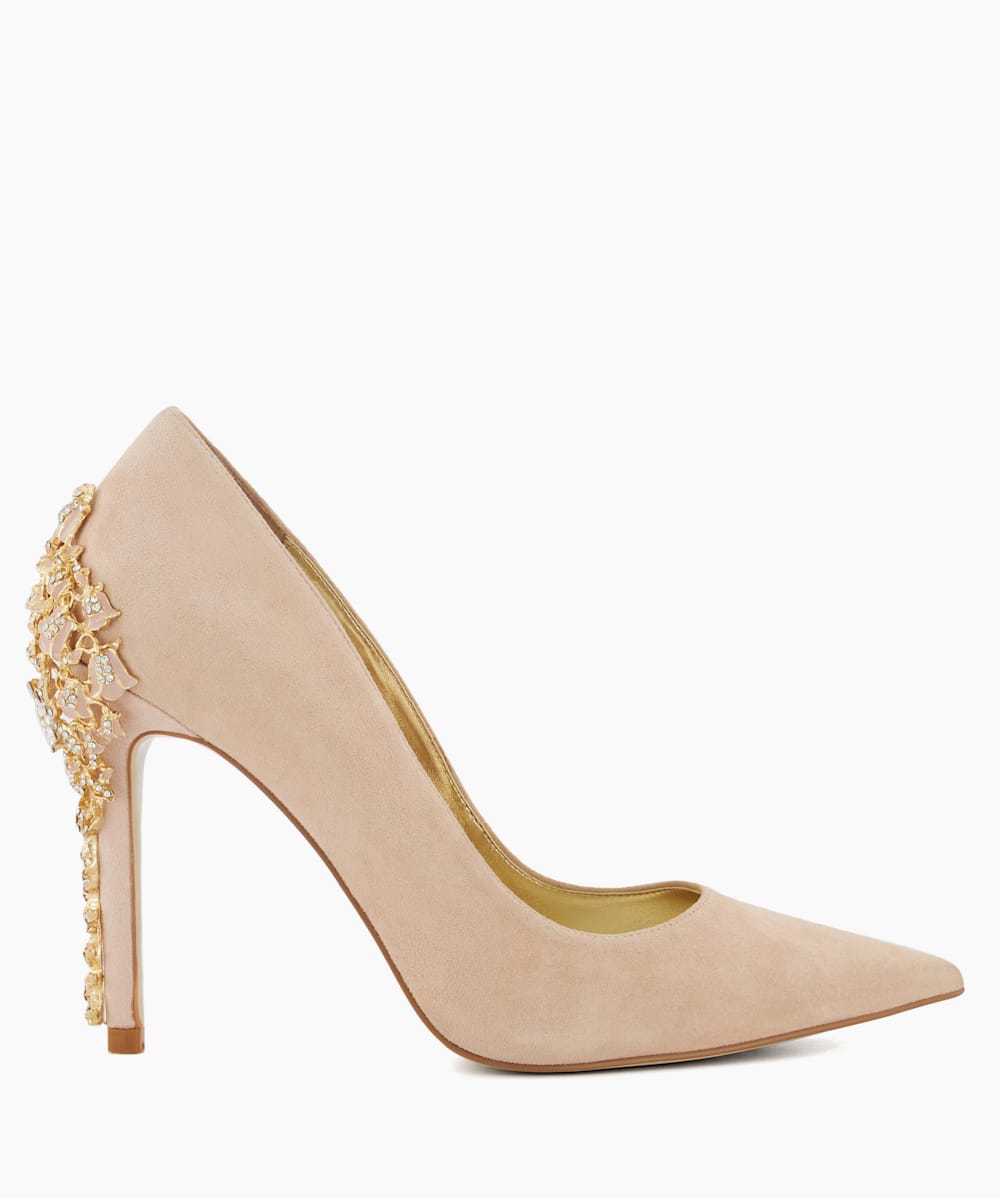 Audley Nude Enamel Stiletto Suede Courts Dune London