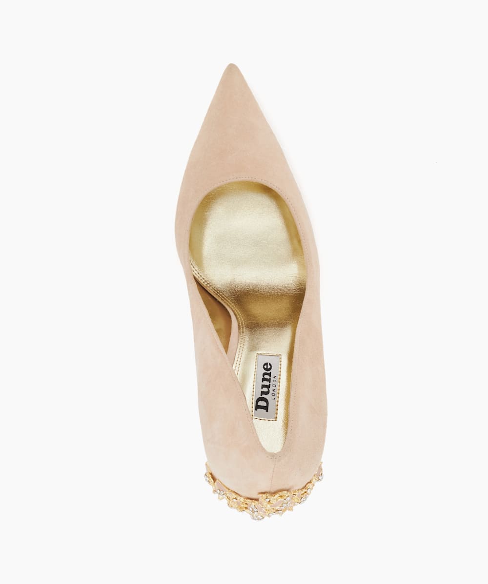 Audley Nude Enamel Stiletto Suede Courts Dune London
