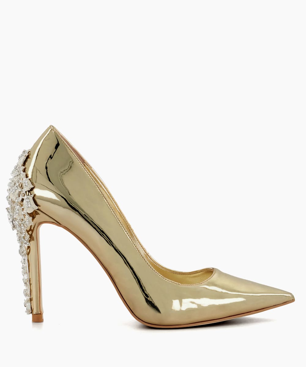 Audley Gold Enamel Stiletto Metallic Courts Dune London