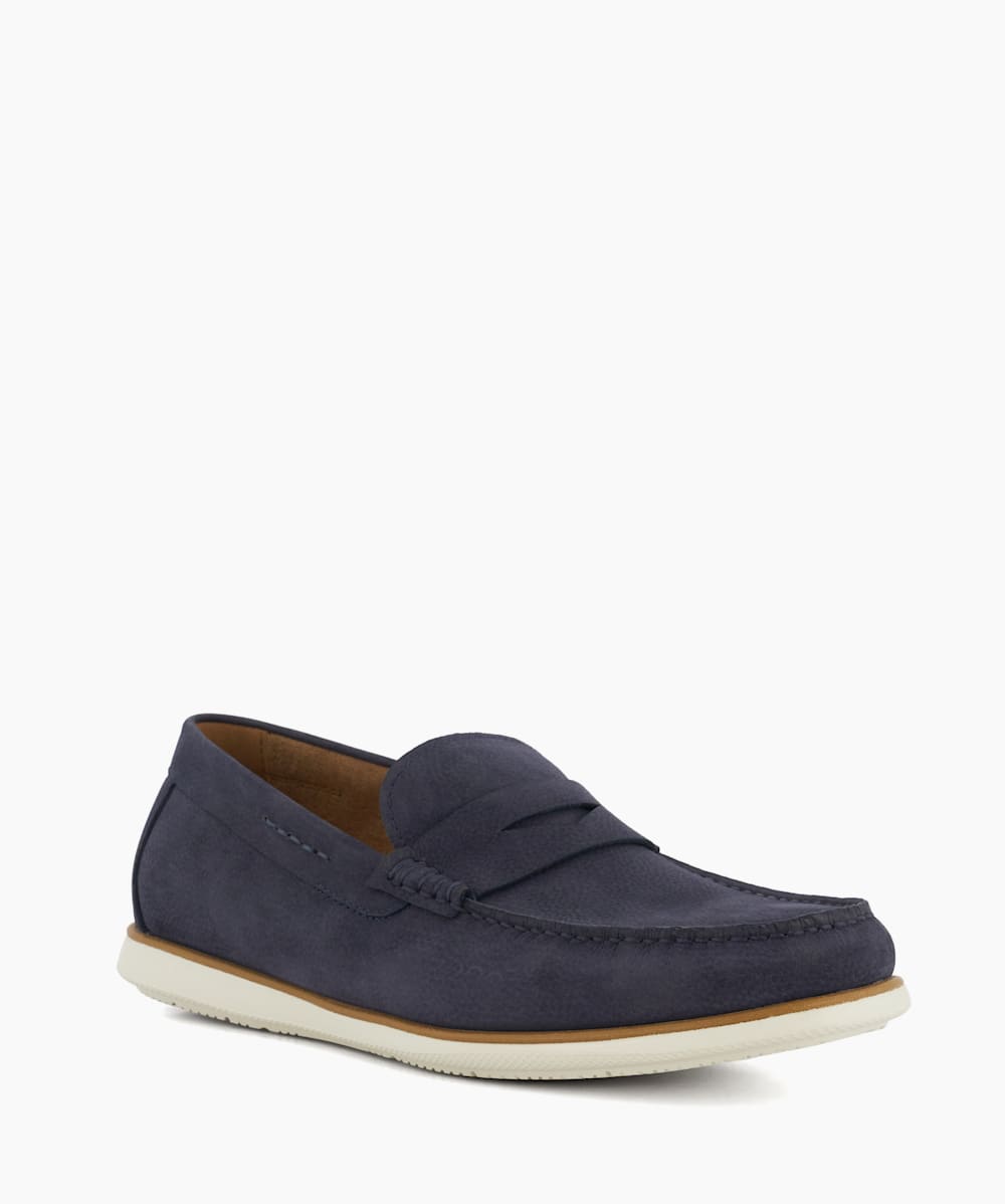 Berkly Navy Penny Trim Nubuck Loafers Dune London