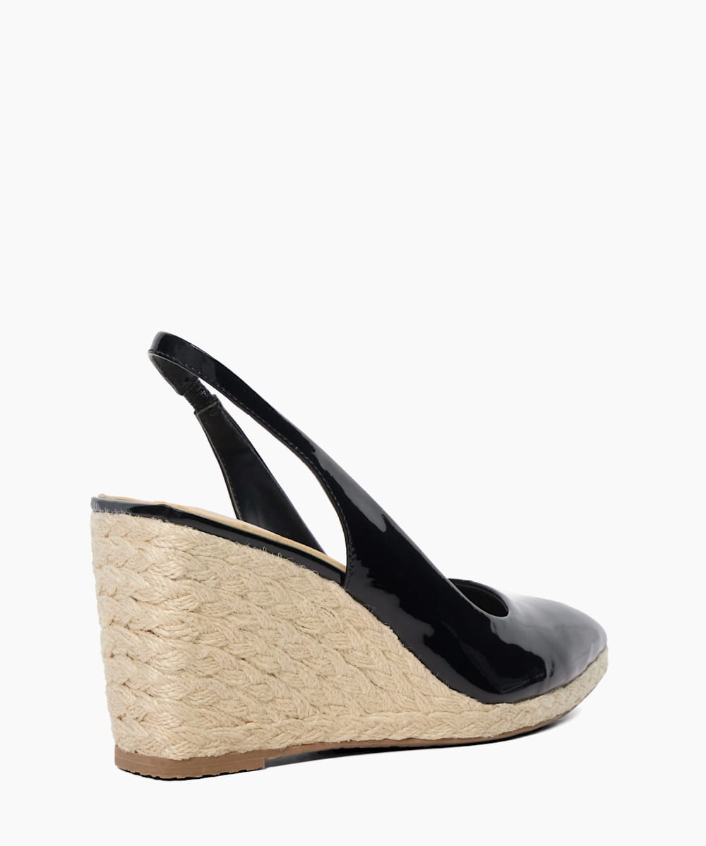 Cadance Black Patent Sling Back Raffia Wedge Dune London