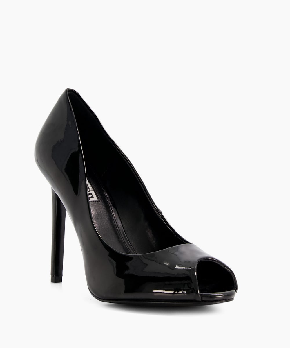 black patent peep toe heels