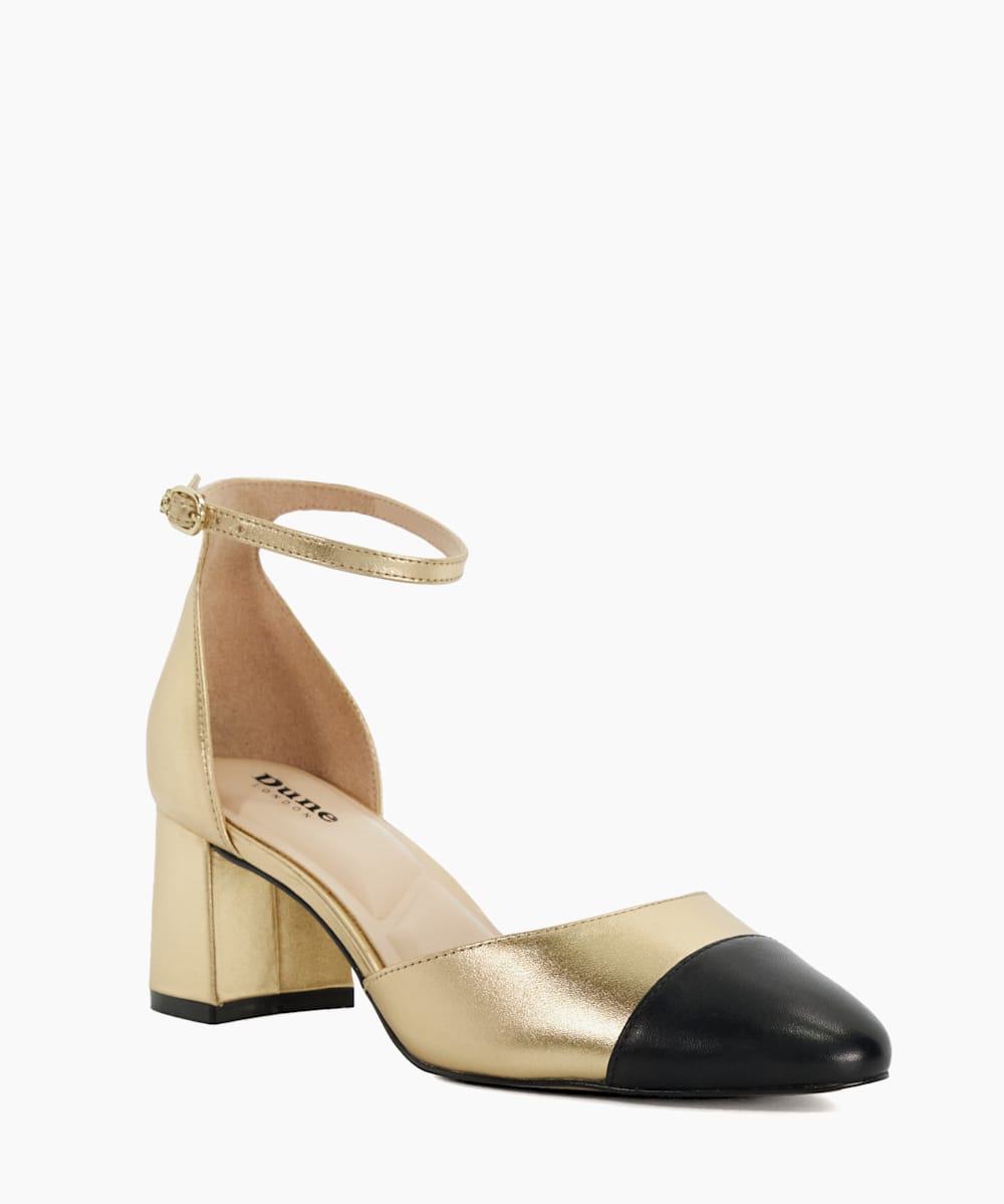Gold court shoes with strap on sale