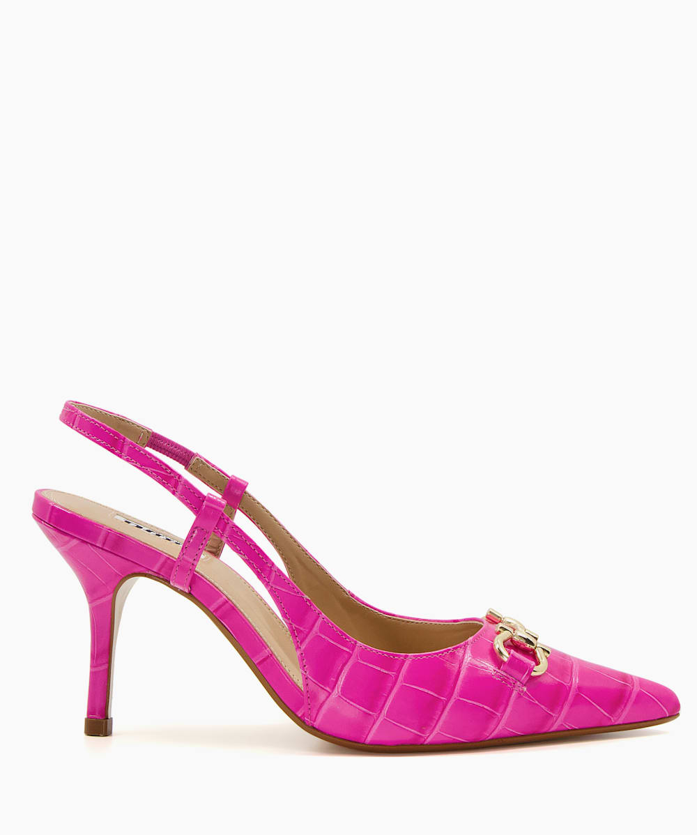 Click Pink Croc Effect Leather Snaffle Trimmed Slingback Courts