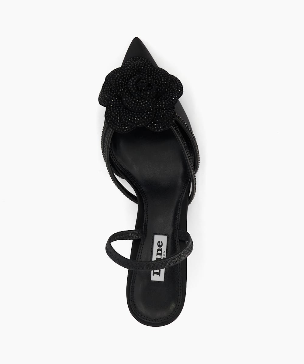 Dancehall Black Corsage Diamante Satin Kitten Heeled Slingback Courts Dune London