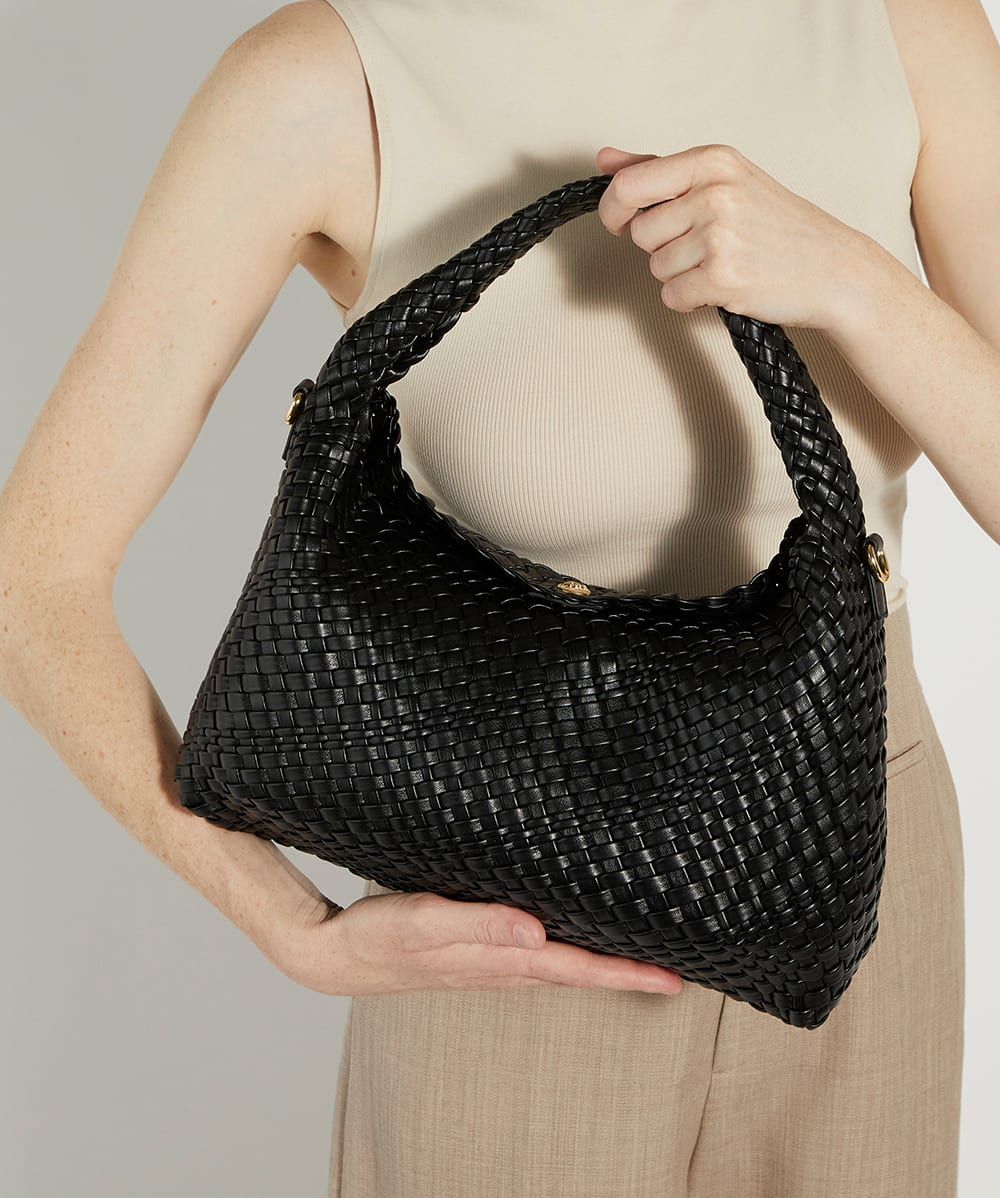 Black woven handbag outlet
