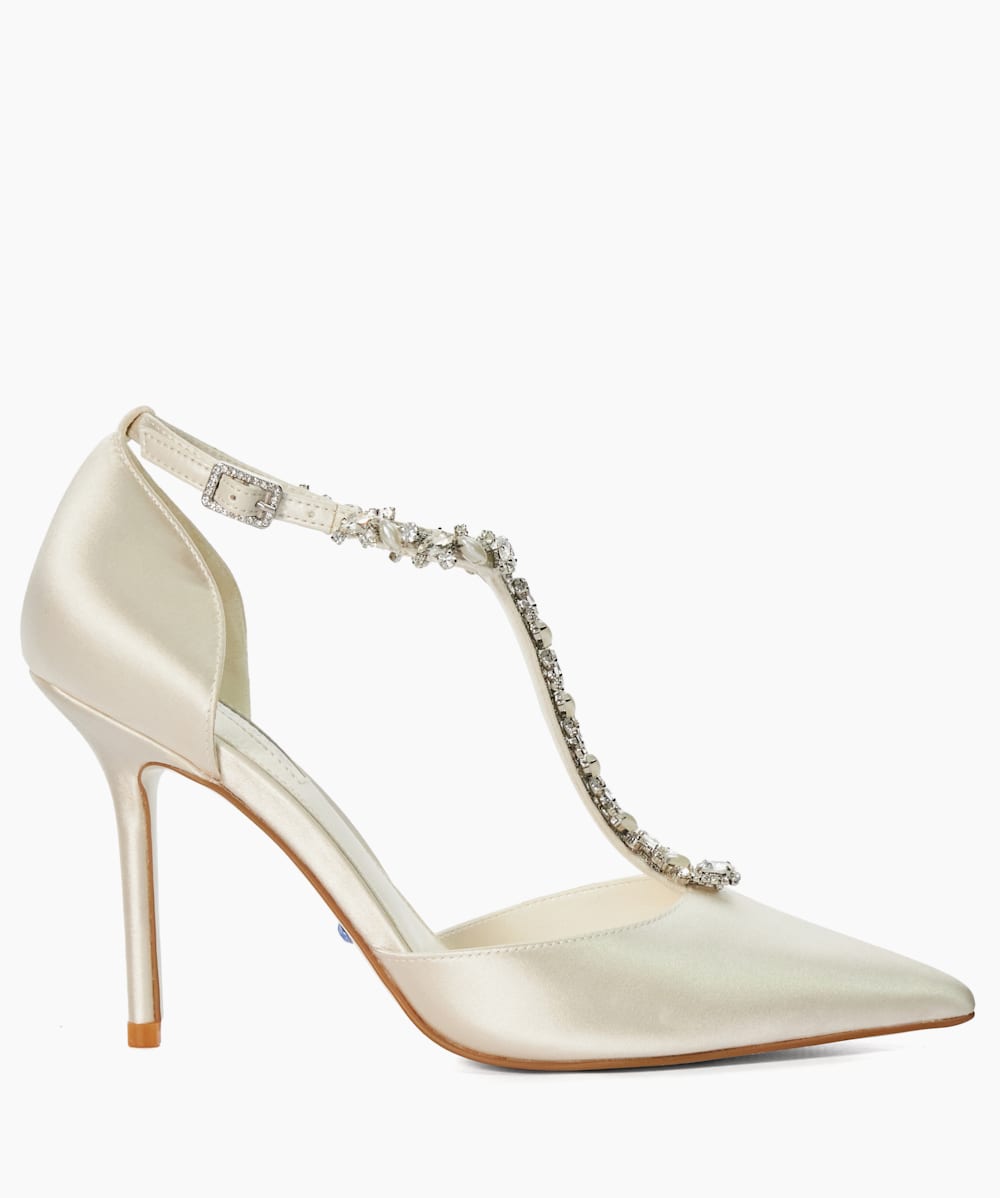 Devotional Ivory Diamante Embellished T Bar Wedding Shoes Dune