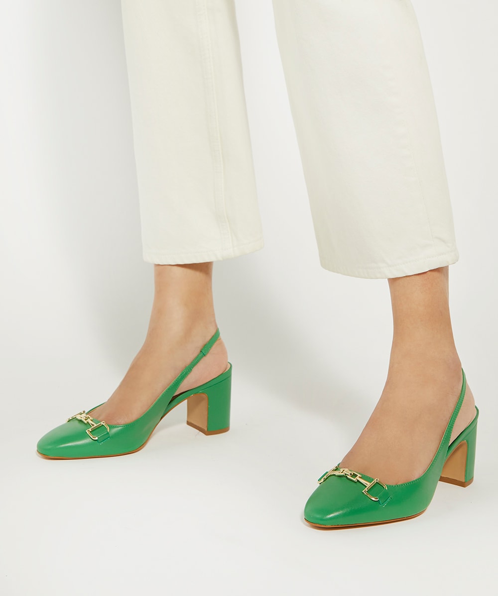 Detailed Green Snaffle Trim Heeled Slingback Courts Dune London