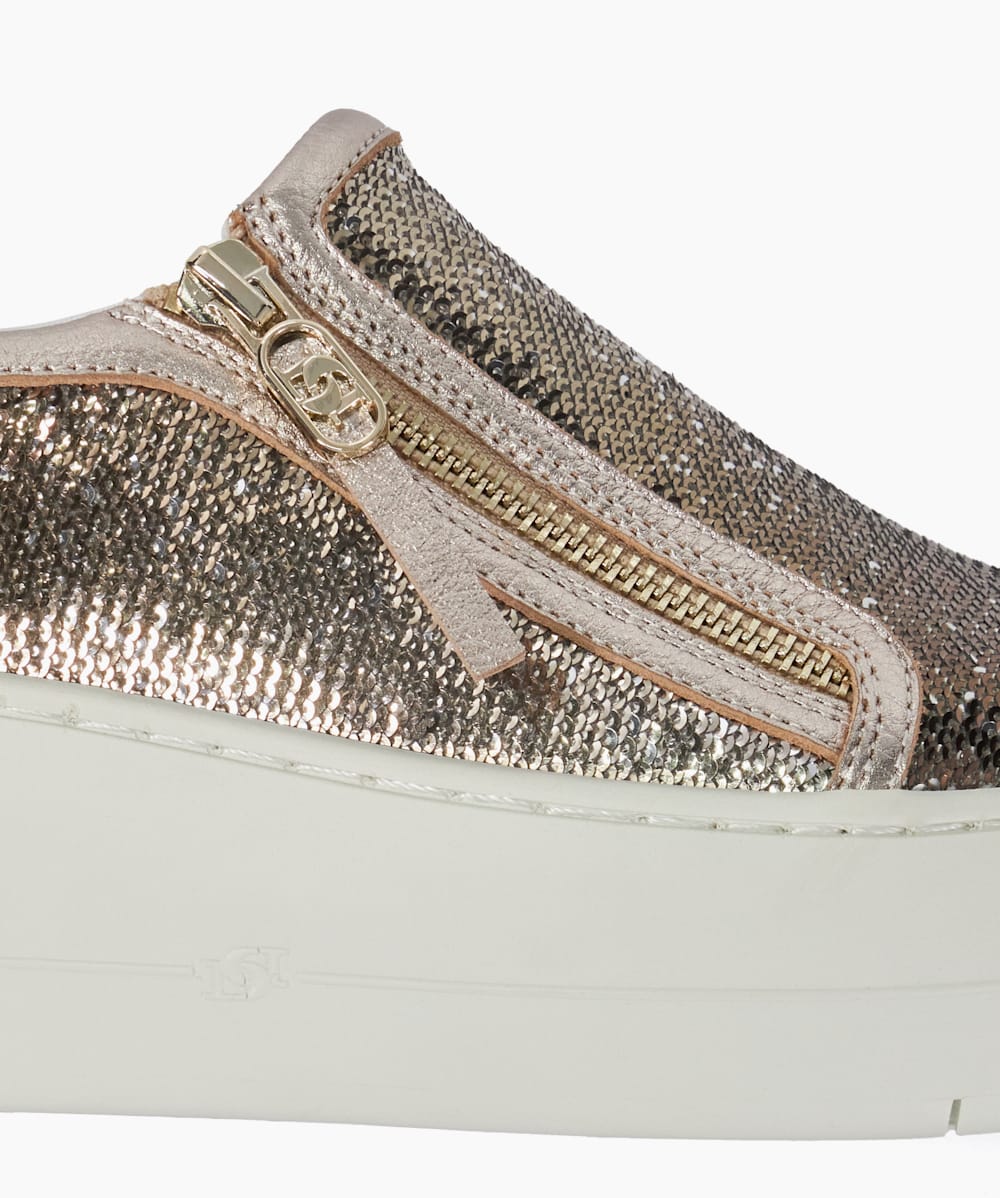 Episodic Gold Markanter Flatform Sneaker mit seitlichem ReiBverschluss und Pailletten Dune London
