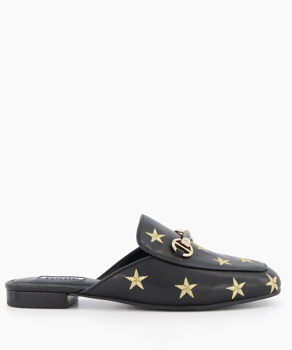 Galaxies Black Star Embroidered Backless Loafers Dune London