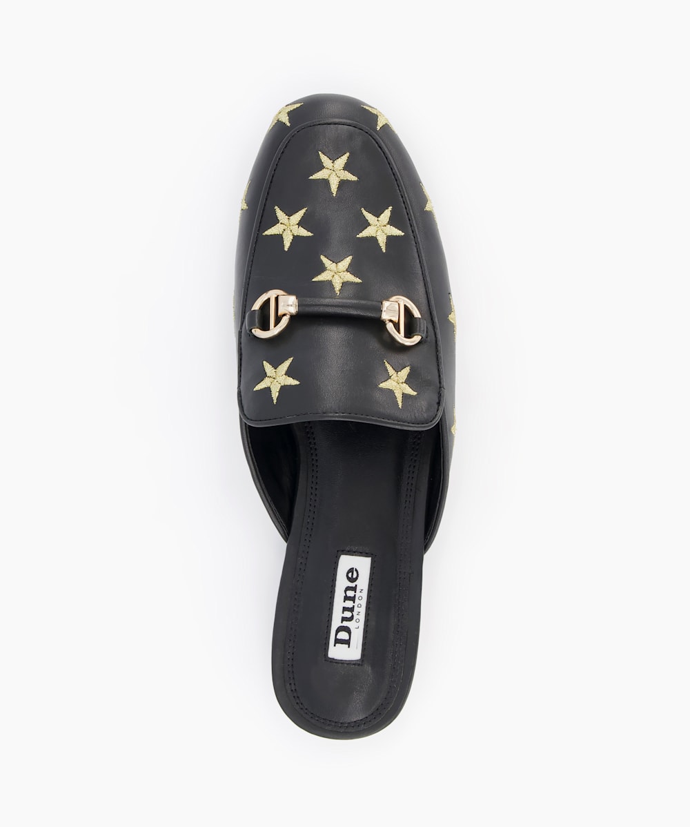 Galaxies Black Star Embroidered Backless Loafers Dune London