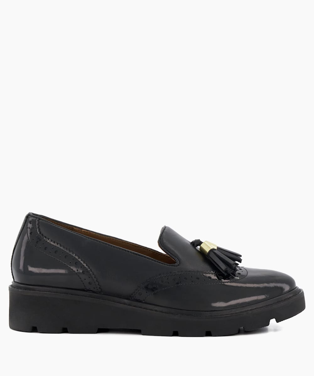 Garnishes Black Wedge Leather Tassel Trim Loafers Dune London