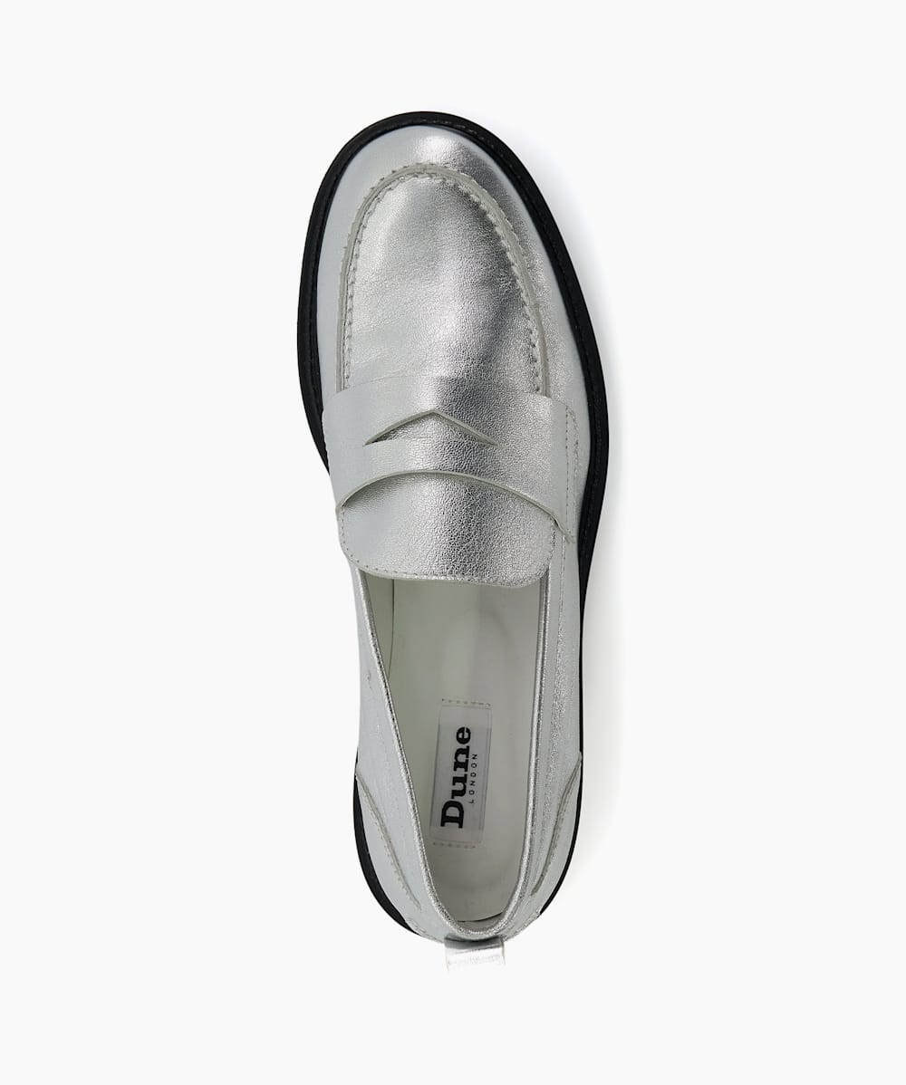 Geeno Silver Metallic Leather Penny Loafers Dune London