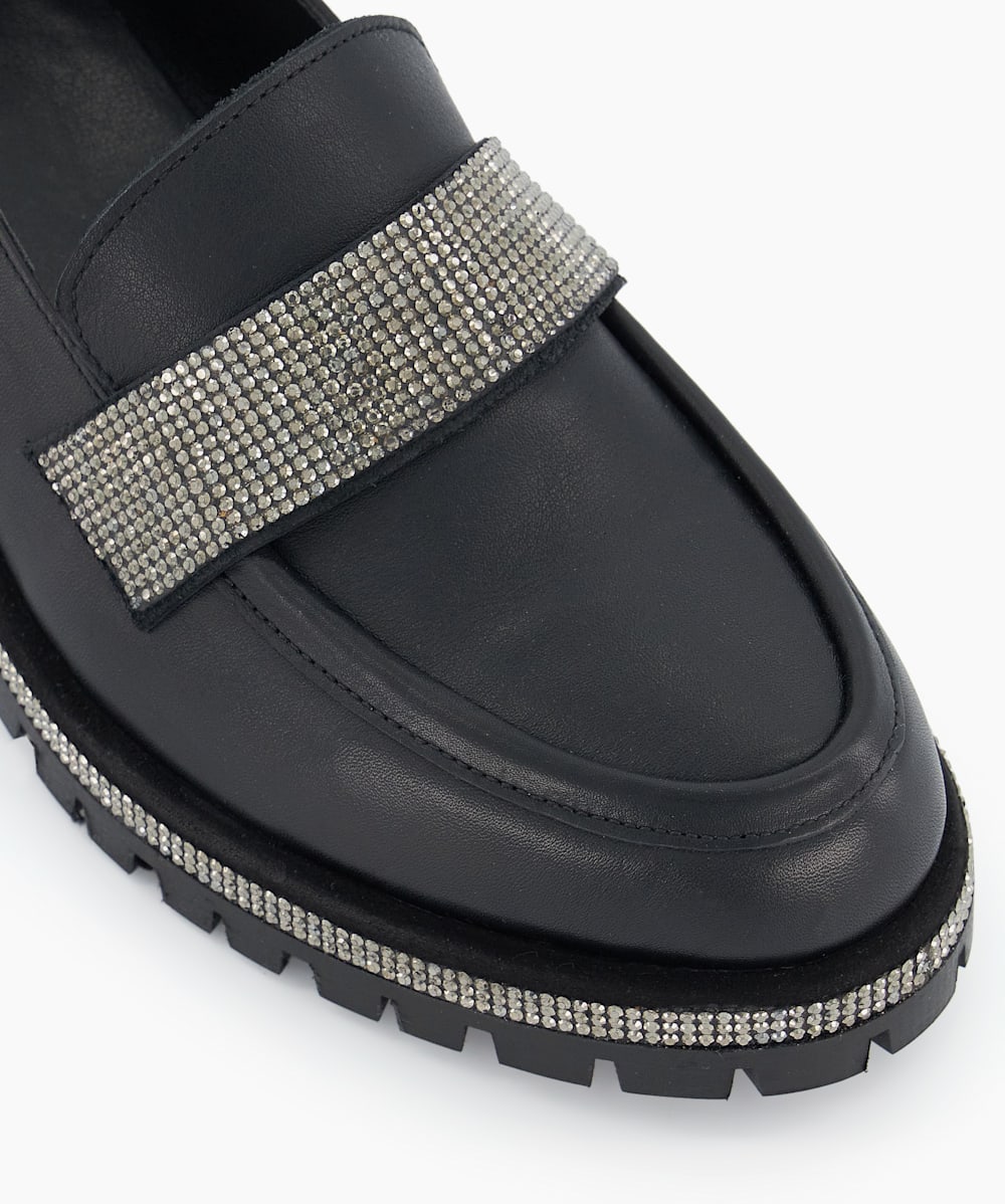 Glittering Black Diamante Trim Leather Loafers Dune London