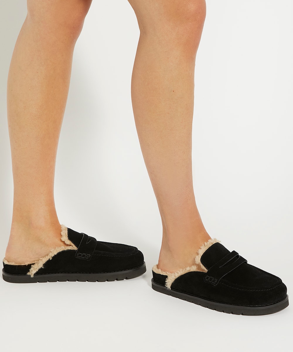 Goldy Black Faux Shearling Lined Backless Mule Suede Loafers Dune London
