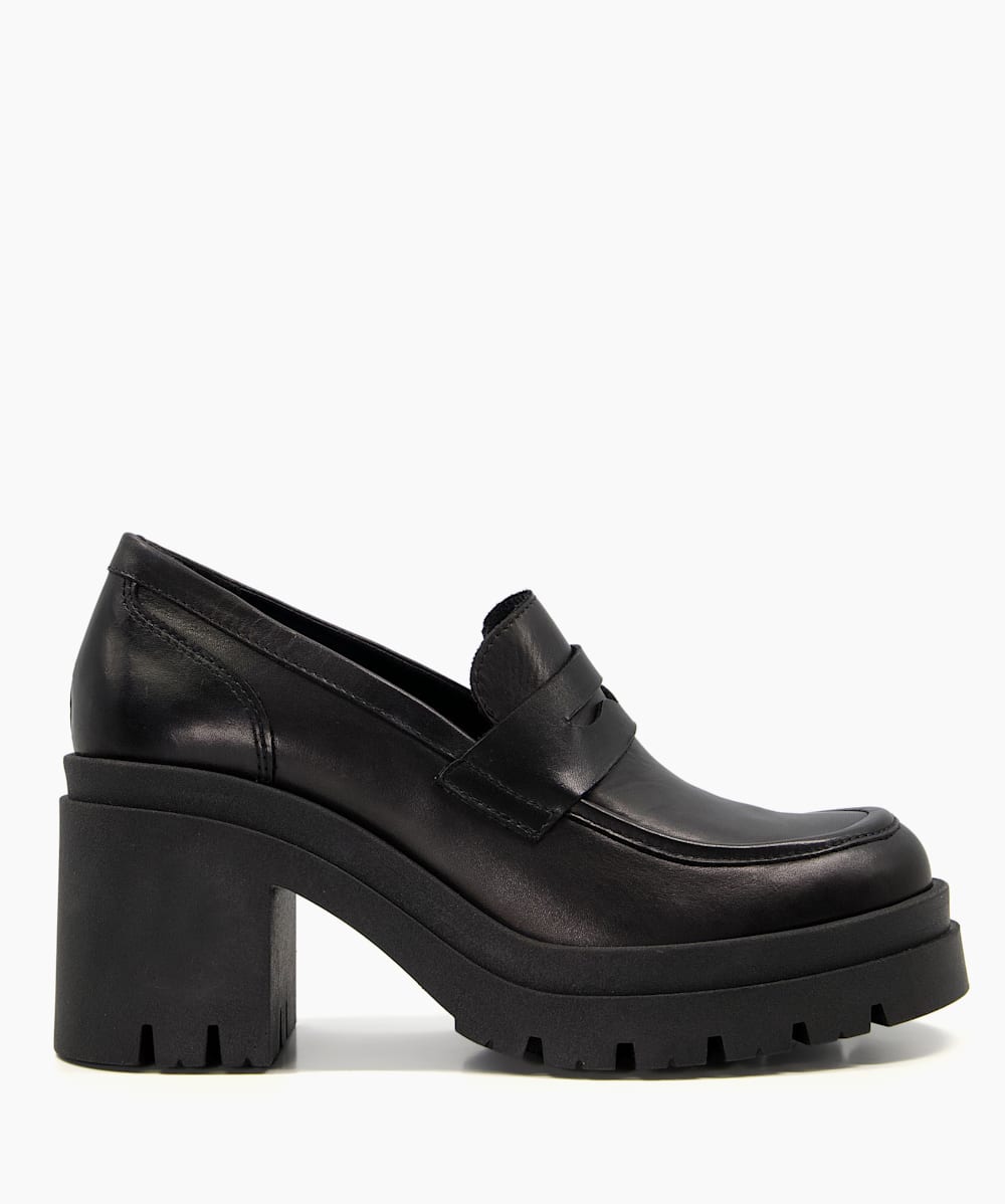 Grounded Black Leather Block Heel Loafers Dune London