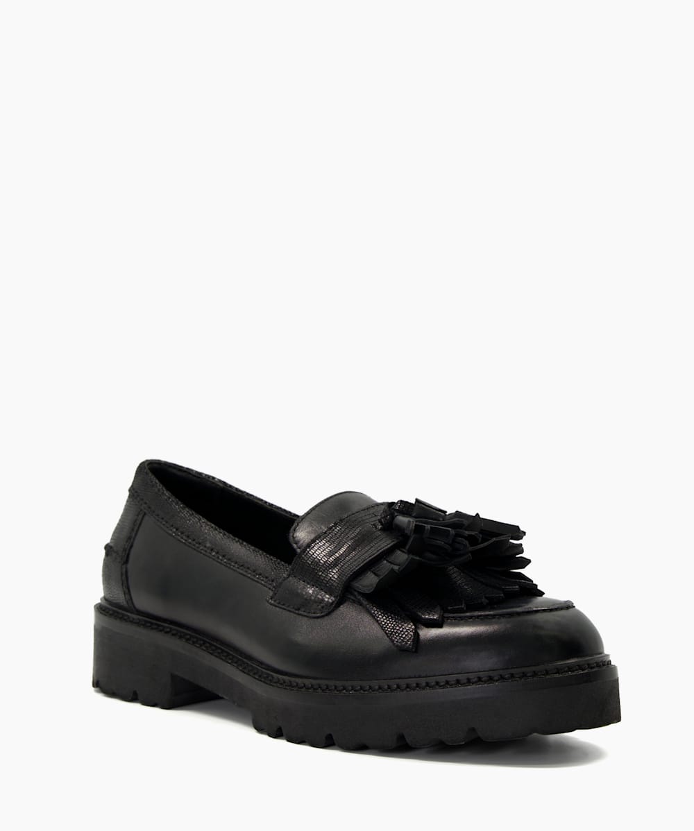 Guardian Black Leather Fringe Trimmed Loafers Dune London