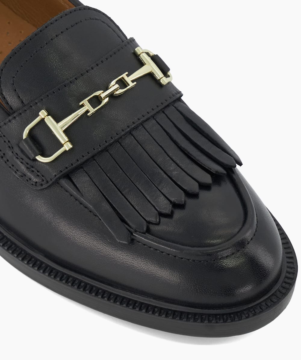 Guided Black Leather Fringe And Snaffle Trimmed Loafers Dune London
