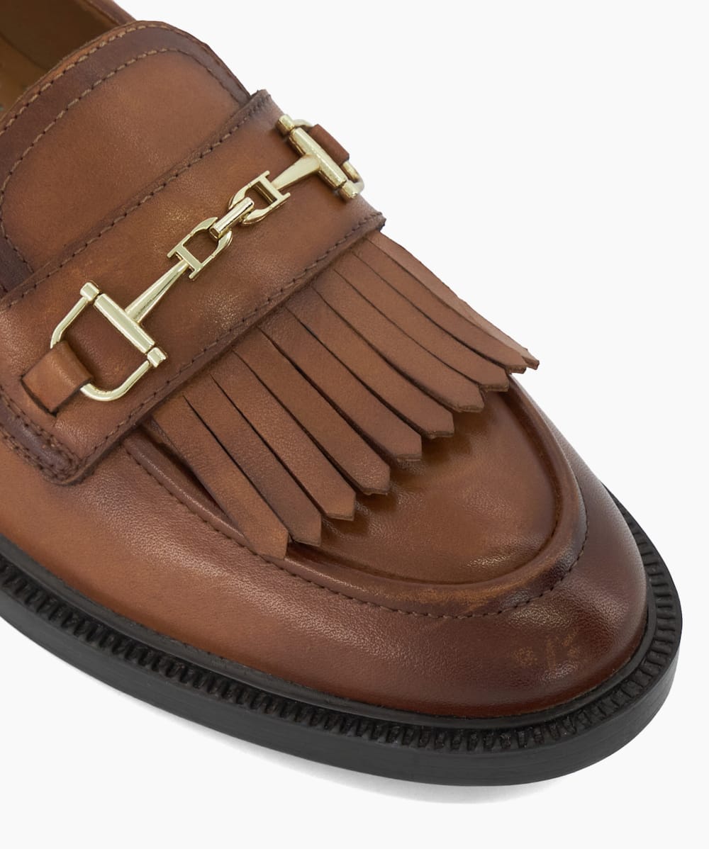 Guided Tan Fringed Leather Snaffle Trimmed Loafers Dune London