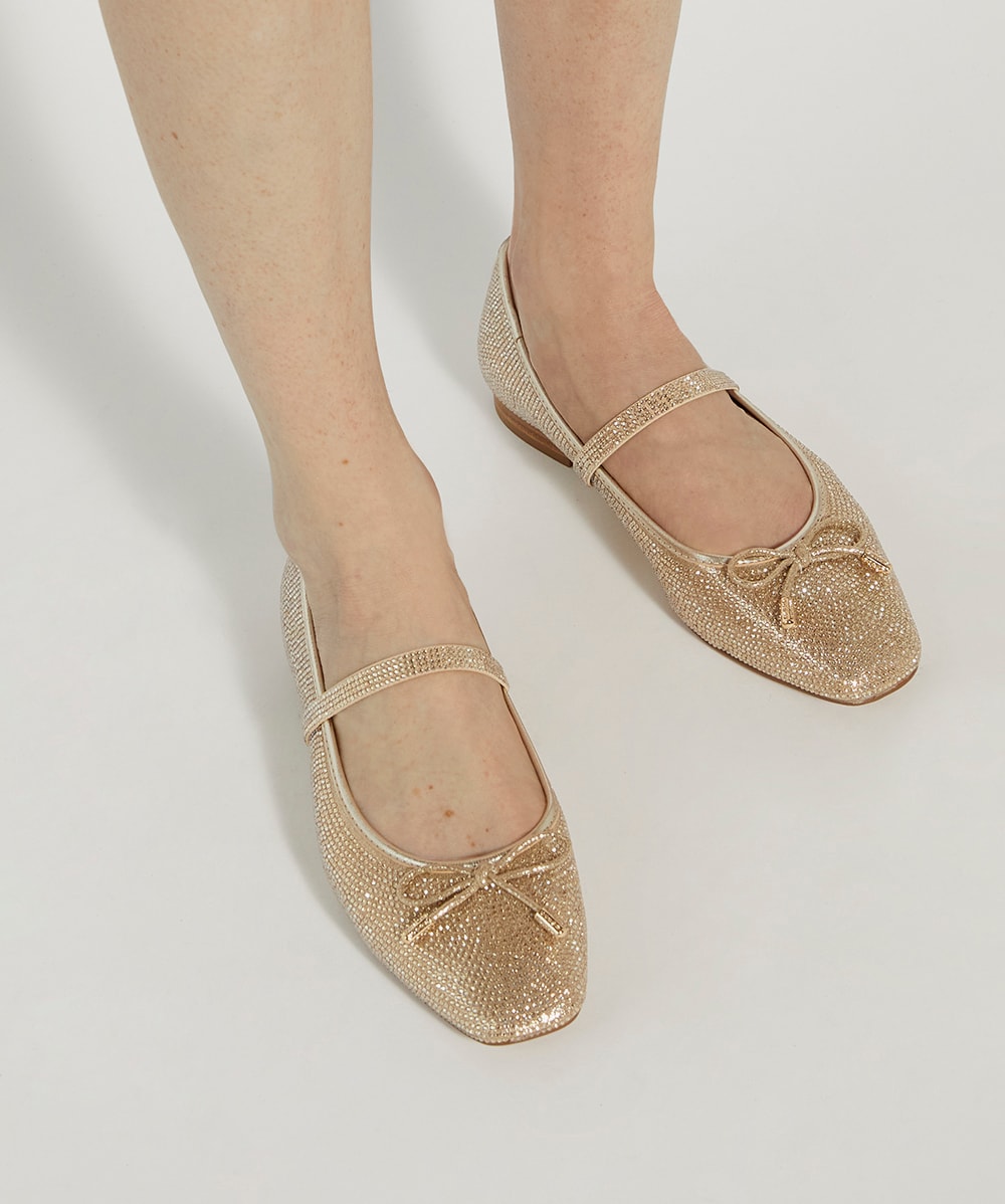 Holly Gold Square Toe Embellished Ballet Flats Dune London