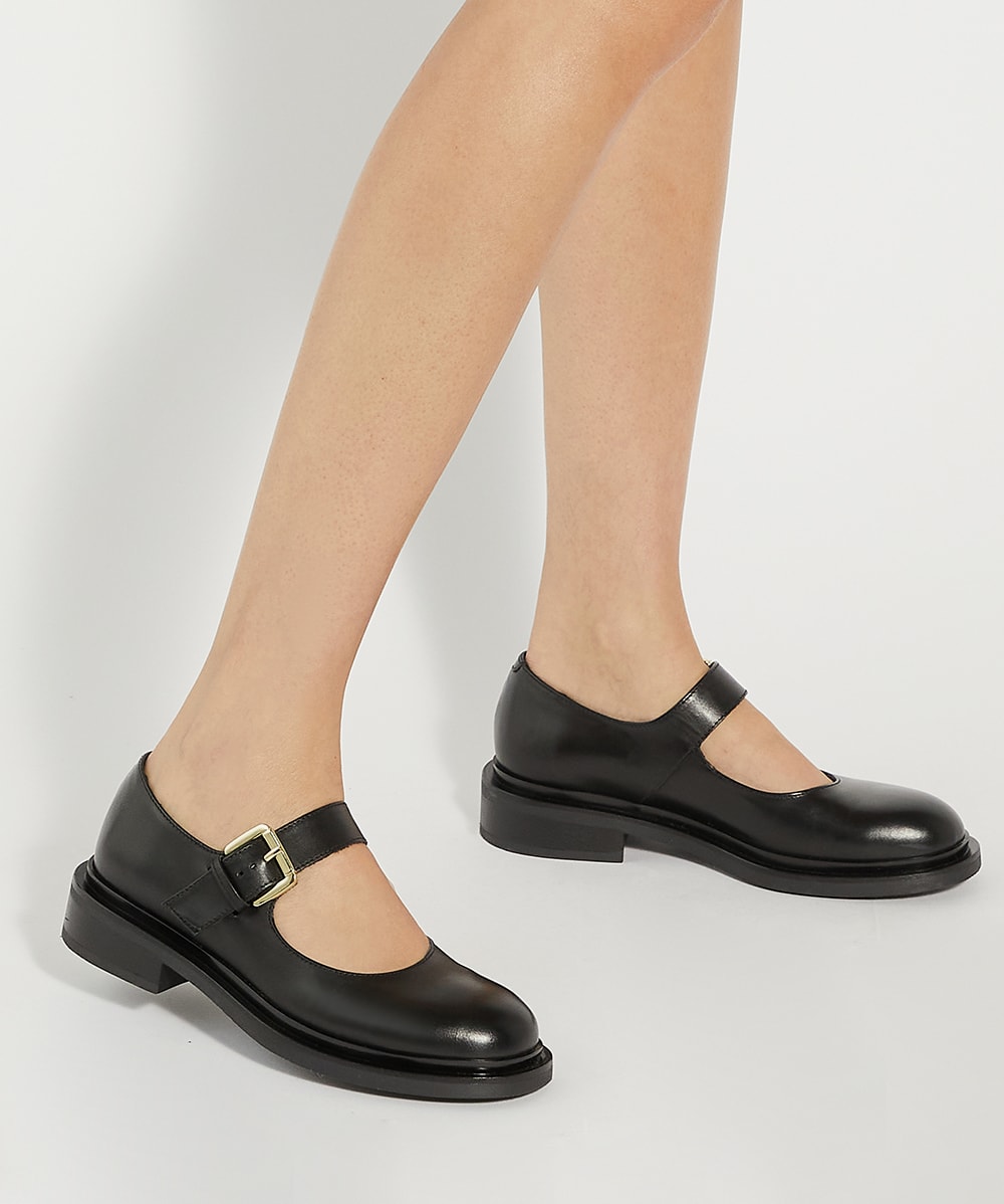 Huckle Black Leather Low Heel Mary Janes Dune London