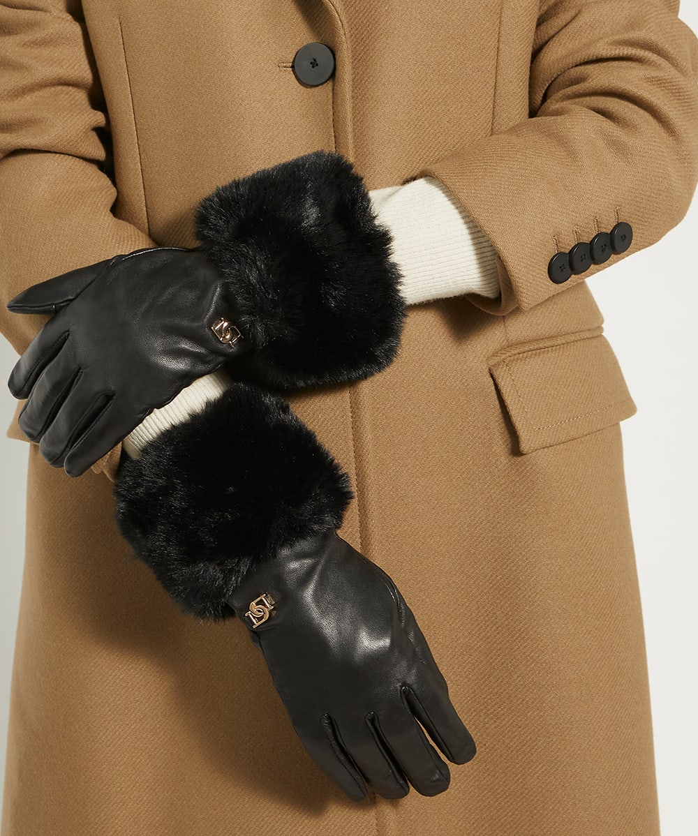 Black leather gloves with fur trim sale