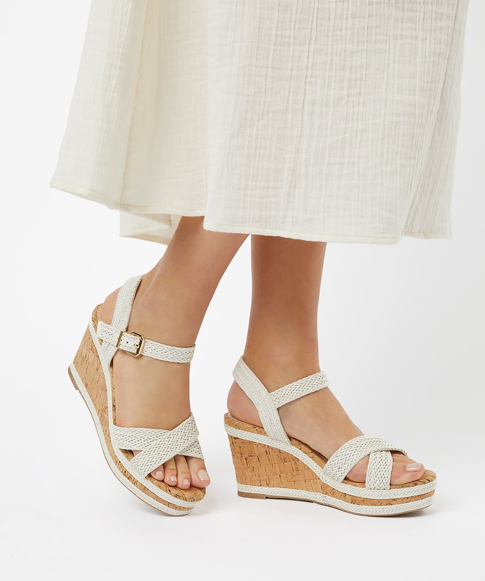 Kelisa Off White Braided Cross Strap Cork Wedge Sandals Dune London