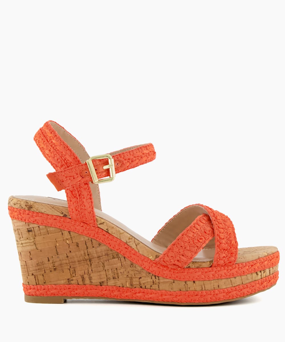Kelisa Orange Braided Cross Strap Cork Wedge Sandals Dune London