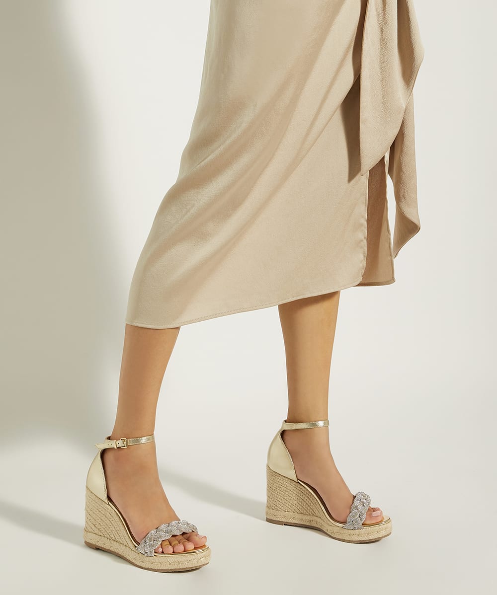 Kingdom Gold Diamante Strap Wedge Heel Sandals Dune London