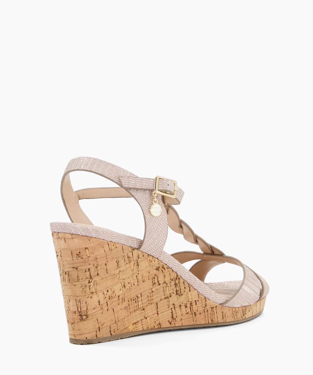 Koala Rose Gold Plait T Bar Strap Cork Wedge Heel Dune London