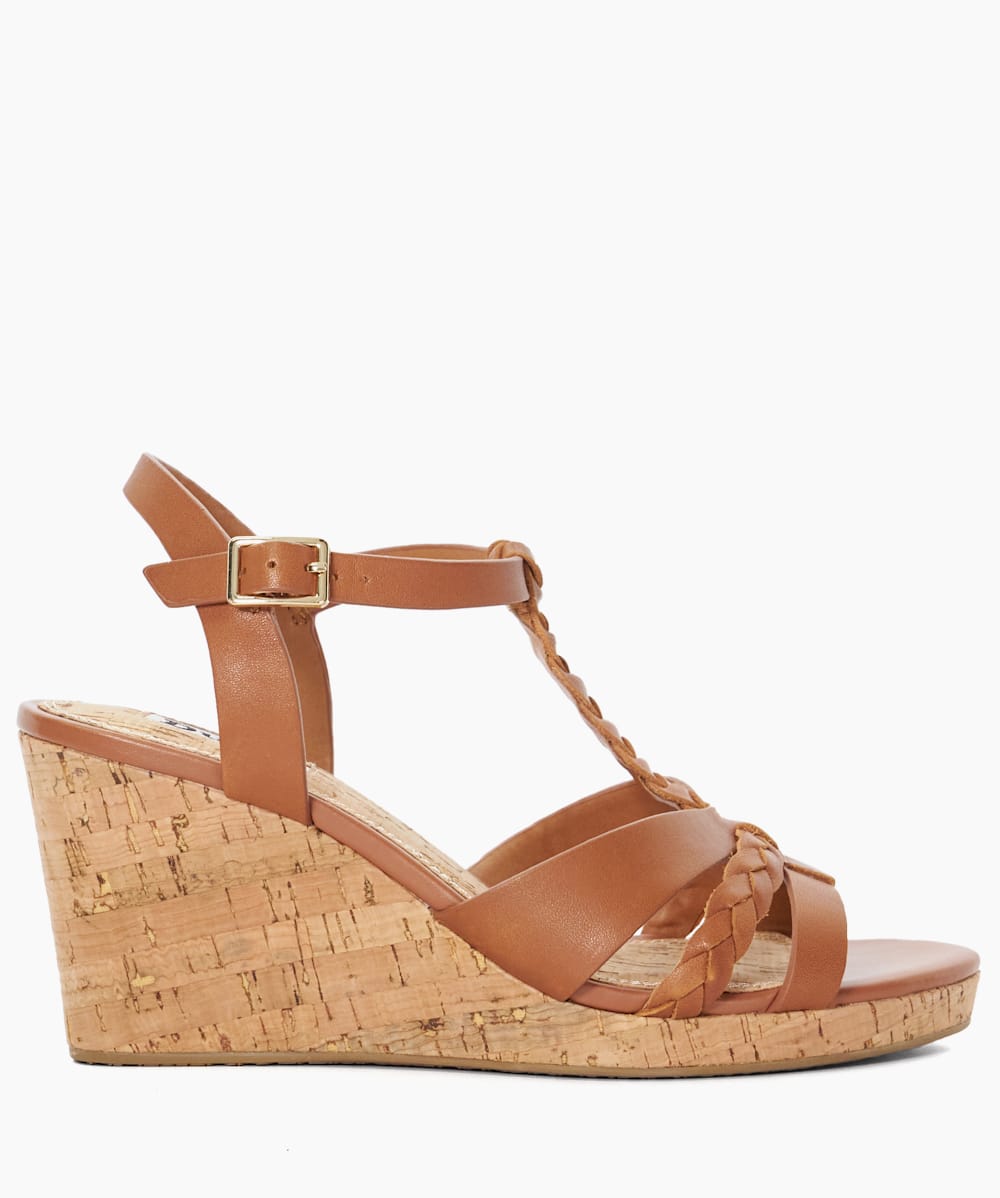 Koali Tan Plait Strap Cork Wedge Sandals Dune London