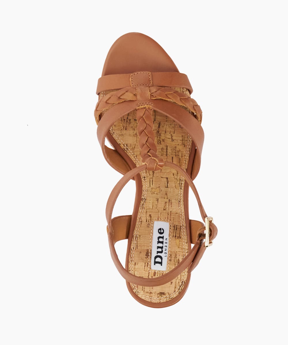 Koali Tan Plait Strap Cork Wedge Sandals Dune London