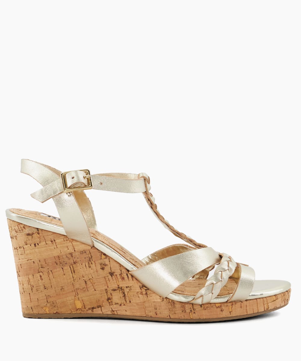 Koali Dore Sandales compensees en liege et cuir metallise tressees Dune London