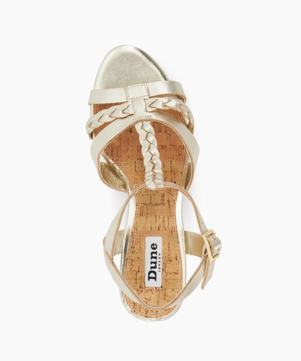 Koali Gold Plait Metallic Leather Cork Wedge Sandals Dune London