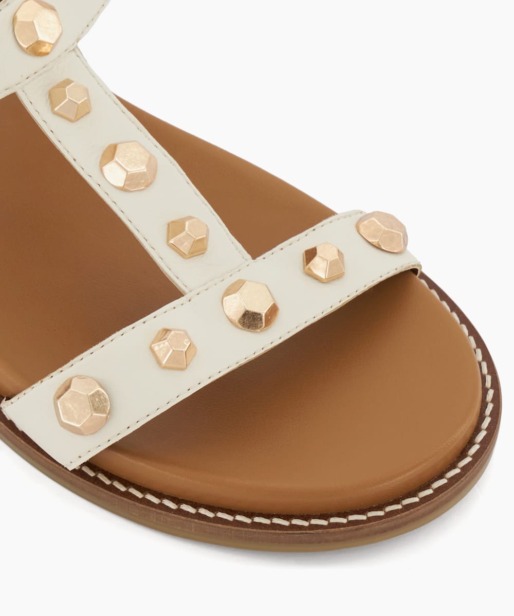 Laurels Ecru Comfort Footbed Leather Studded Flat Sandals Dune