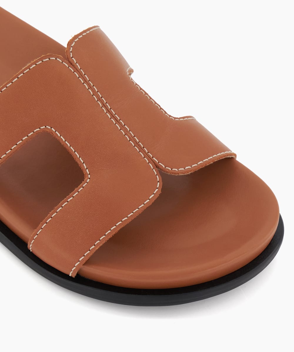 Loupa Tan Comfort Footbed Flat Leather Sandals Dune London