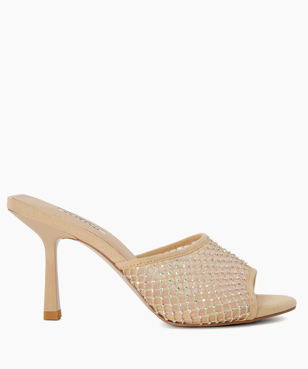 Majorly Ecru Diamante Mesh Flare Heeled Mules Dune London