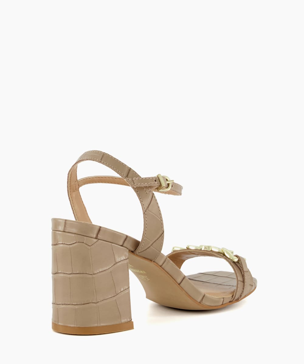 Manual Taupe Branded Chain Trim Block Heel Sandals Dune London