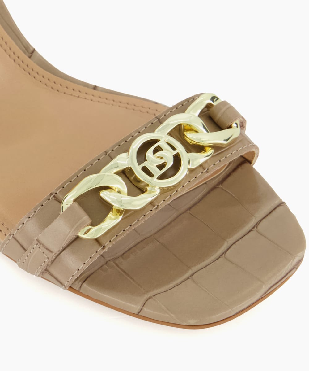 Manual Taupe Branded Chain Trim Block Heel Sandals Dune London