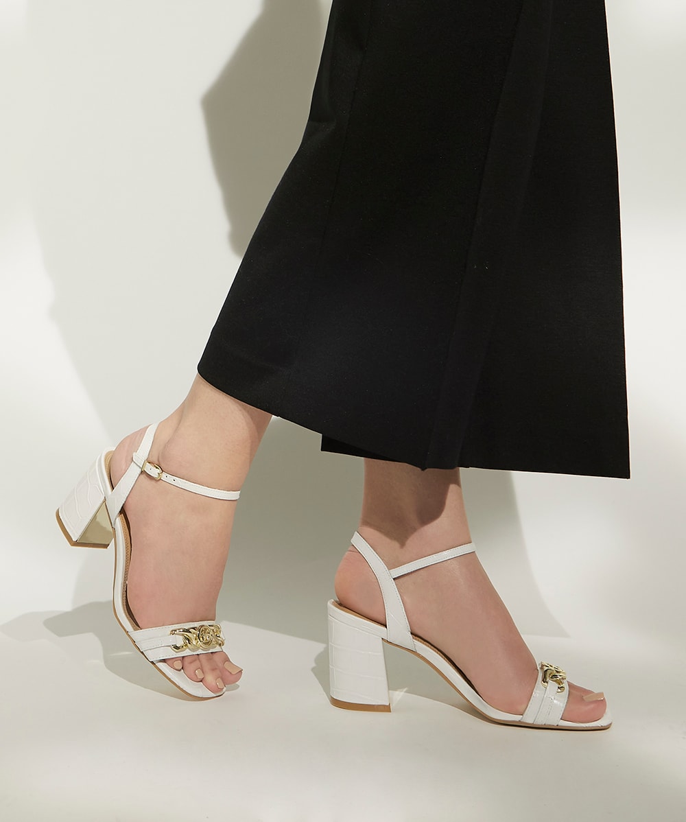 Manual White Branded Chain Trim Block Heel Sandals Dune London