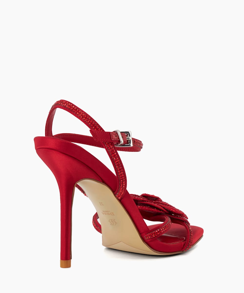 Medallion Red Diamante Corsage Satin Heeled Sandals Dune London
